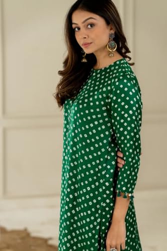 Image of LookMark Women Cotton Blend Bandhej Printed Bandhani Kurta Palazzo Set With Sequence Lace