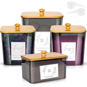 4 Pack Laundry Powder Container & Dryer Sheet Holder with Lids, Scoops & Labels – Plastic Laundry Organizer and Storage Jars for Pods, Detergent