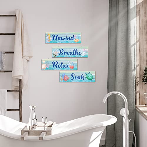 4 Pieces Under the Sea Bathroom Decor Ocean Beach Summer Wood Relax Soak Unwind Breathe Wall Art Blue Seashell Sea Turtles Wooden Hanging Sign for Home Laundry Spa Living Room Washroom - Image 7