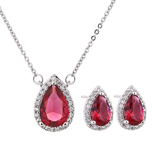 Amyjane Crystal Jewelry Set For Women - Sterling Silver July Birthstone Red Cubic Zirconia Rhinestone Cz Teardrop Necklace Earrings Set For Girls Bridesmaids Bride Party Prom Costume Jewelry #TOP12