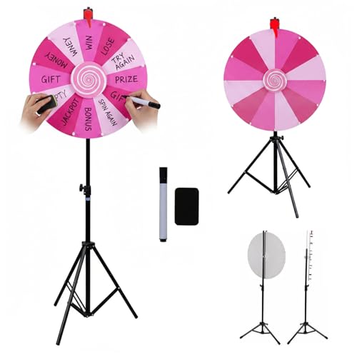 RVOWTAGL 60cm Ruleta De La Suerte con Trípode Ajustable 100-200cm, Prize Wheel 14 Ranuras Coloridas para Carnaval y Feria Comercia,Pink