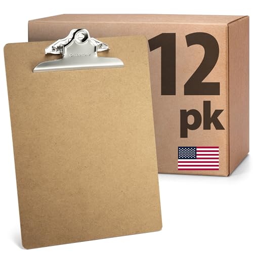 Officemate Recycled Wood Clipboards, Letter Size, 12-Pack with 6″ Rust-Resistant Clips, Durable Hardboard Writing Surface, Made in USA, 9' x 12.5' (83712)
