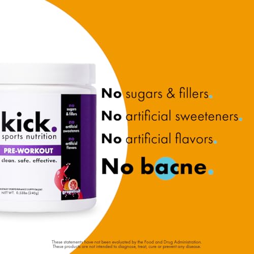 Image of Kick Pre Workout Powder, Grapefruit Flavor, 30 Servings, L Theanine, Amino Acids, L Glutamine, and Caffeine to Support Energy & Fitness Performance, No Sugar, No Artificial Sweeteners or Flavors