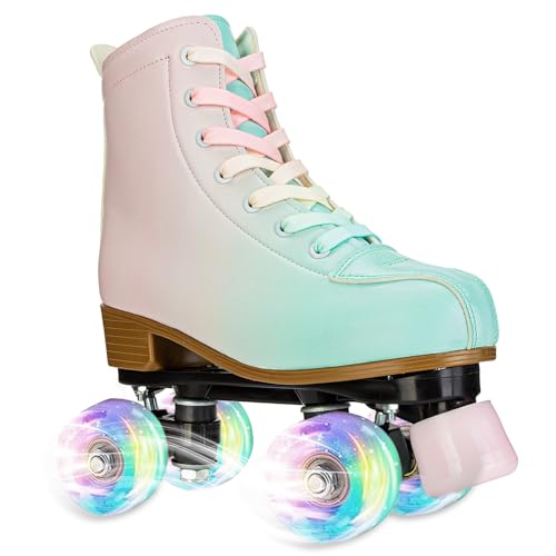 YYW Roller Skates for Girls and Women, Fantastic Gradient Pink and Green PU Leather Light Up Kids Youth Roller Skates, Indoor Outdoor, Size 34 (Youth 3)