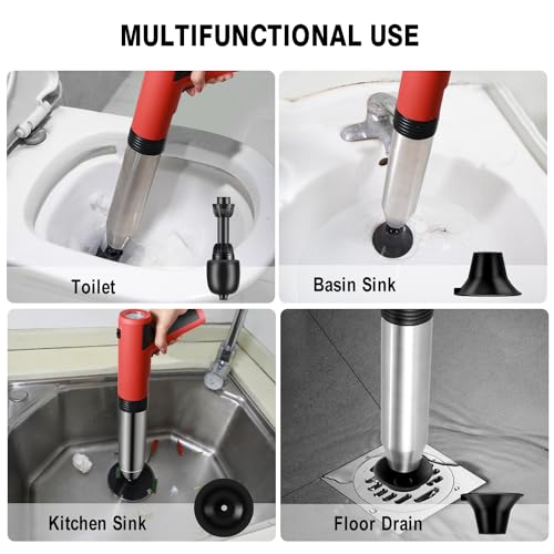 Image of Electric Toilet Plunger ，Drain Clog Remover Tools,High Pressure Air Toilet Plungers Heavy Duty Plunger For Toilet,Bathroom,Floor Drain,Sewer,Pipe，built-in battery, RED