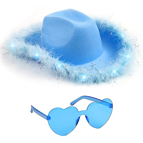 Funcredible Blue Cowboy Hat and Glasses - Light Up Cowgirl Hat for Girls - Cowboy Hats with Feathers - Halloween Hats for Women