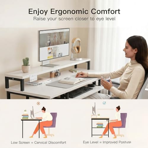 Image of TEKAVO Trio Computer Table for Home Pc | Office Table for Home with Monitor Riser and Keyboard Tray, Laptop Table, Work Table, Study Table, Modern Workstation | White Wood, Metal,(150x60x 75 cm)