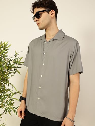 Image of Thomas Scott Men Half Sleeves Camp Collar Oversize Fit Solid Casual Shirt