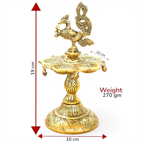 Image of Kridaykraft Metal Peacock Diya Samai Oil Lamp, Gold Finish, Traditional Indian Decor, 19 cm Height, 270 gm, Handcrafted Design