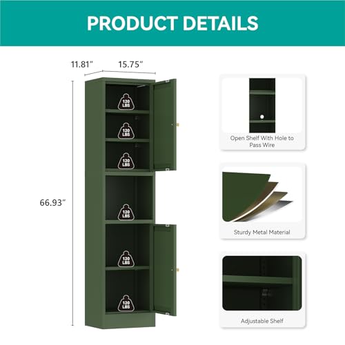 Image of 67 inch Tall Narrow Storage Cabinet with Doors and Open Shelf,Metal Pantry Cabinet,Shaker Style Slim Cabinet with Adjustable Shelves,for Bathroom Kitchen Laundry Small Spaces,Forest Green,1Pc