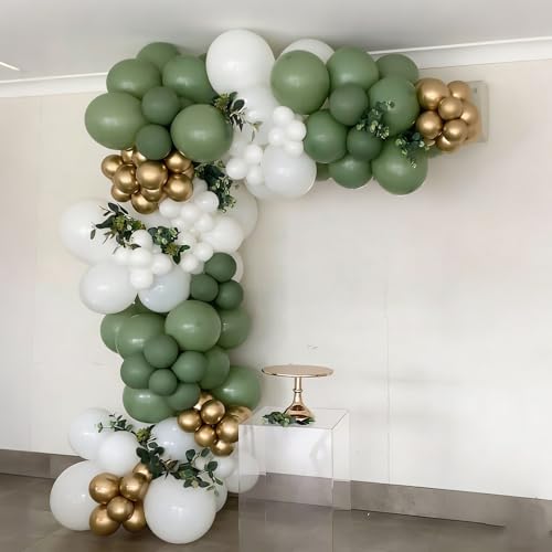 Image of Lukiituke Sage Green and Gold Balloon Arch Kit, 134Pcs Sage Green Balloons | 4 Sizes Birthday Balloons for Baby Shower, Wedding, Bridal Party Decorations