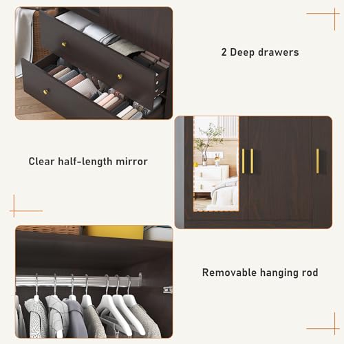 3 Doors Armoire Wardrobe Closet with Mirror, LED Armoire with Doors and Drawers, Wooden Wardrobe Storage Cabinet with Hanging Rod, Adjustable Shelves, Brown - Image 5