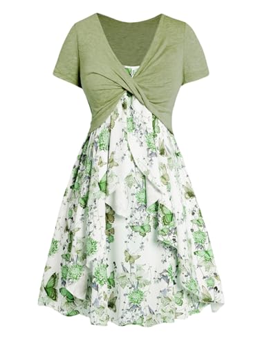 Image of DRESSFO Plus Size Women Floral Butterfly Dress Set Twist Crop Top Set Cottagecore Ruffles Butterfly Cami Dress