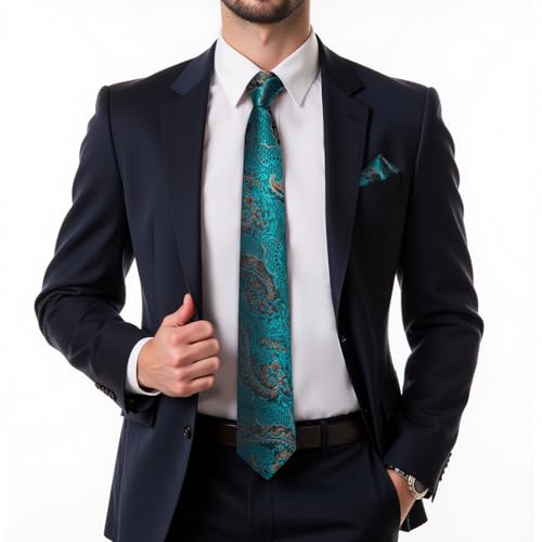 Image of DiBanGu Extra Long Tie for Men Silk 63 inch XL Necktie and Pocket Suqare Cufflinks Set Mens Big and Tall Tie Wedding Party Teal
