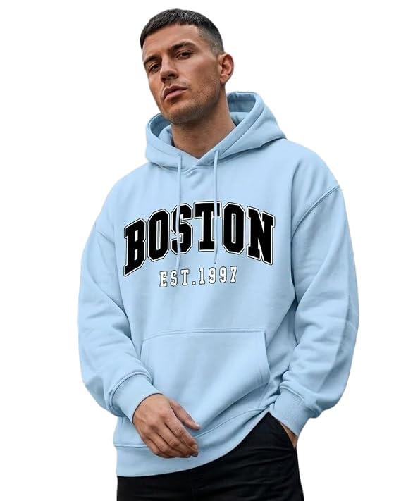 Men's Oversized Graphic Hoodie, Boston Print Fleece Sweatshirt-image-19