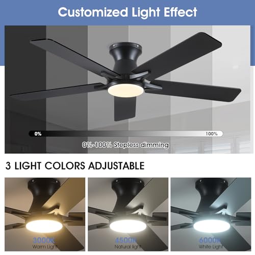 Image of 52 inchModern Black Low Profile Flush Mount Ceiling Fans with Light and Remote | Supports Remote and APP, 6 Wind Speeds, Reversible, Dimmable 3 Light Colors LED Light, Noiseless 30W DC Motor,2H Timer