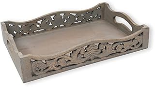 GoCraft Handmade Wooden Tray with Handles | Wood Ottoman Tray, Serving Tray for Breakfast in Bed, Tea, Coffee with Cutout Handles | Grey Washed Finish, Lattice Design (15" X 10" x 3")