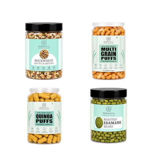 Image of WellNuts & Co. Healthy Snack Combo Pack of 4 |Buckwheat Flakes Mix - 200g, Multigrain Puffs Punjabi Masala - 200g, Quinoa Puffs Smoked Garlic - 200g, Roasted Edamame Beans - 200g| Roasted & Ready to Eat Snacks | High Protein & High Fiber Combo | Snacks for Healthy Everyday