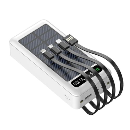 Cargador solar portátil 50000 mAh blanco con 4 cables integrados y linterna LED para camping