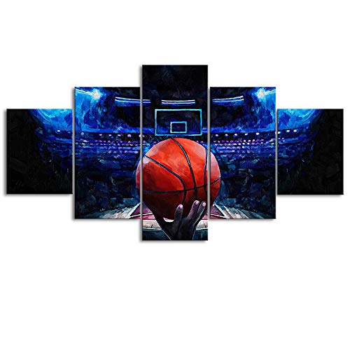 Lovehouse 5 Panel Modern Basketball Canvas Print Sports Wall Art Blue Background Ball Game Painting For Gym Boy Room Bedroom Decor Gallery Wrap Stretched Ready To Hang 60X32Inch #TOP7