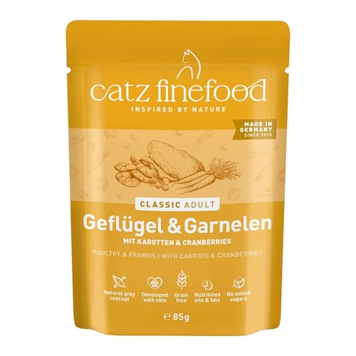 catz finefood N° 17 Geflügel & Garnele Feinkost Katzenfutter nass, verfeinert mit Karotte & Cranberry, 16 x 85g Beutel