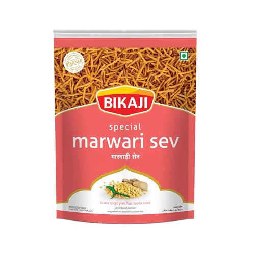 Bikaji Marwadi Sev 14.11 oz (400g), Authentic Indian Snacks Noodles, Crunchy Besan, Rajasthani Style Savory Snack, Party Mix, Everyday Munching, Ready-to-Eat Tea-Time Snack