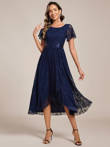 Image of Ever-Pretty Women's Lace Short Sleeve Round Neck Empire Waist Midi High Low Evening Gown 03489