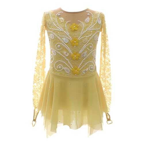 Girl's Long Sleeves Figure Skating Dress, Women's High Elasticity Performance Ice Skating Overall for Kids(Small) Yellow