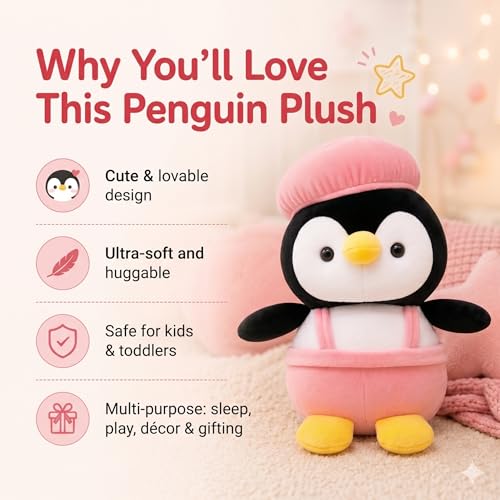 Image of Cute Penguin Soft Toy for Kids 30 cm | Ultra Soft Plush Stuffed Animal Teddy | Hugging Pillow Doll for Boys & Girls | Birthday Gift, Home Decor & Sleeping Companion (Pink)