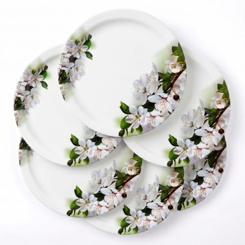 Image of Melamine Dinner Plates | Round Full Plate | Microwave Safe | Break Resistant | Plates for Breakfast, Lunch, Dinner | Plates for home, Office, Restaurant | Set of 6 | 11 Inch's (green flower)
