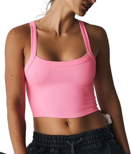 Image of Tank Tops for Women Scoop Neck Crop Tops Athletic Workout Tops Cute Seamless Cami Ribbed Tank Top