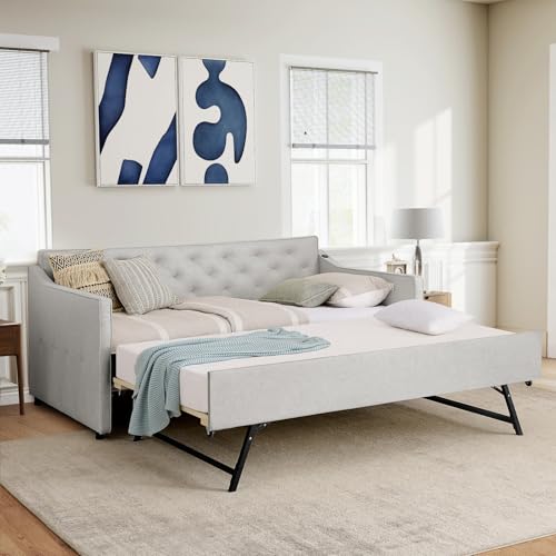 Antetek Daybed with Pop up Trundle, Fabric Upholstered Twin Size Day Bed Pull-Point Sofa Daybed...