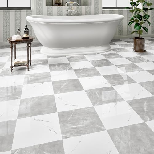 40-Pack Peel and Stick Floor Tile 12x 12 inch, Light Grey&White Marble