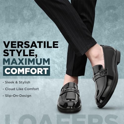 Image of STANPHORD Men Formal Buckle Accent Loafers | Patent Slip-On | Memory Foam Insole | Office Business Wedding Casual WearTan (TPSL F1)