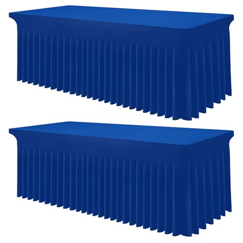 Image of Smiry 2 Pack Spandex Elastic Fitted Table Cloth Skirt for 4FT Table | Stretch Washable Table Cloth, Banquet Table Cover for Wedding, Party, Indoor & Trade Shows, (Blue, 48Lx30Wx30H)