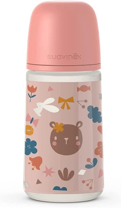 Suavinex, Baby Bottle 270 ml with Physiological SX Pro Silicone Teat with Anti-Colic Valve, Medium Flow (M) for Babies + 3 Months, Forest, Pink