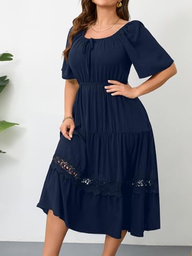 Image of RWJ Women's Plus Size Maxi Dress Short Sleeve Square Neck Flowy A-Line Lace Trim Flutter Party Casual Off Shoulder Dresses