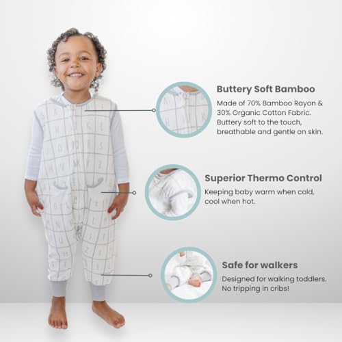 Image of Tealbee Dreamsuit Toddler Sleep Sack with Feet - Walker Sleep Bag with Legs, Rayon made from Bamboo, All Season 1.2 TOG, 2-Way Zipper, 3T-4T - Alphabet