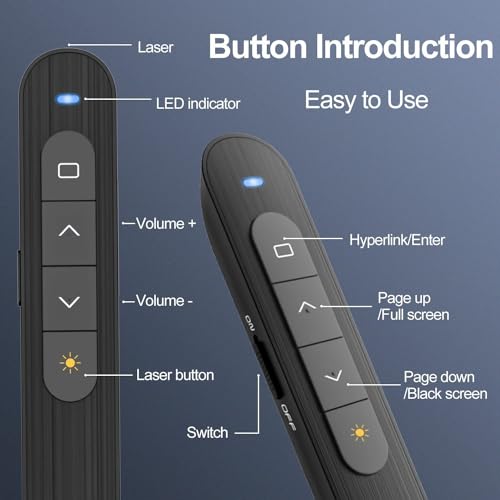 Puntero inalámbrico para presentador, rango de control de 300 pies, controlador PowerPoint RF de 2.4 GHz para Windows, Mac OS, Linux con hipervínculo y control de volumen