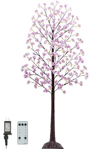 7FT Lighted Cherry Blossom Tree - Faux Artificial Light Up Cherry Blossom Tree with 144 Lights, 432 Lush Flowers, Timer, Remote 8 Modes Pink Tree for Spring Wedding Party Indoor Outdoor Decor