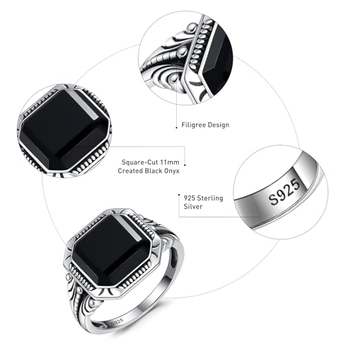 11ct 925 Sterling Silver Mens Filigree Ring Vintage Teal Turquoise/Black Onyx Rings for Men Anillos de Hombre Cocktail Wedding Promise Band Jewelry Gift Size 8-124