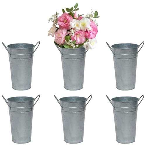 Merkaunis 6 Pcs Galvanized Metal Vases, 12 Inch Flower Buckets with Handles