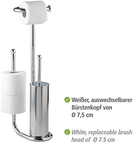 WENKO Free Standing Toilet Brush Universalo Chrome-with Spare roll Holder, Steel, Silver Shiny, 23 x 20 x 62.5 cm