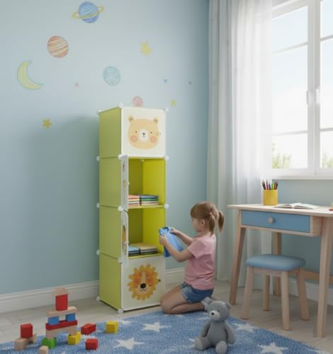 Image of KRISHYAM Kids Modular Storage Cabinet with Cartoon Animal Doors, 4 Cube Plastic Wardrobe Organizer, DIY Closet System with Hanging Rod, Toy & Clothes Storage (Green, 4 Box)
