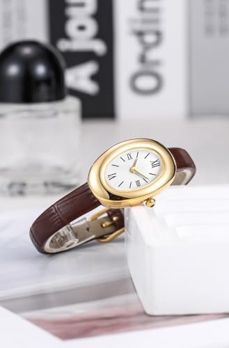 Elegant Gold Bangle Watch for Women - Dainty 24mm Oval Dial Quartz Wristwatch - Chic Jewelry Style Timepiece - Perfect Gift for Her (Coffee A) - Image 2