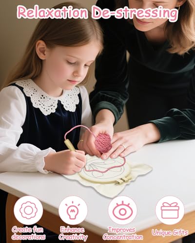 Image of Punch Needle Kit for Beginners Adults Kids, 6 Pattern Embroidery Punch Needle Kits, Easy Needle Punch Embroidery DIY Kit Set Tufted Rug Punch Decoration with Patterns, Tools, Yarns, Hoop, Instruction