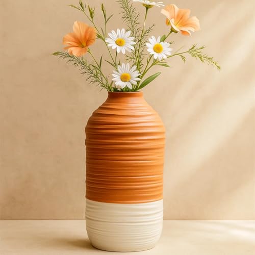 Image of Sphinx Decorative Ceramic Vase, Flower Vase, Pampas Grass Vase, Ceramic vase for Living Room,Ceramic vases for Home Decoration (Ribbed Cylindrical - 9 Inch