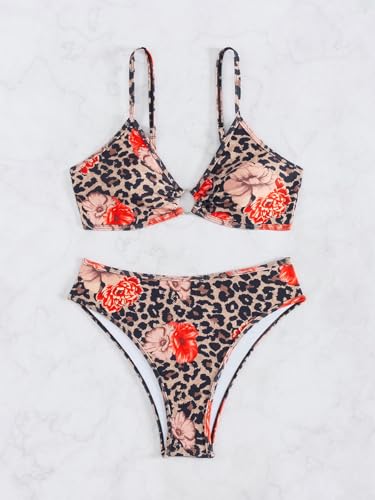 Image of Fanuerg Women's Triangle Bikini Sets O Ring Linked Two Piece Swimsuits Floral Printed Cheeky Bathing Suit