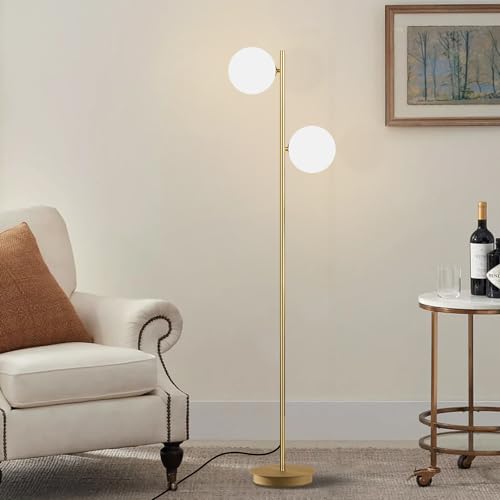 Image of 2 Light Mid Century Modern Floor Lamp for Living Room Retro Vintage Tall Standing Lamp with Frosted Glass Globe Shade Brass Floor Lamps for Office Hotel Bedroom