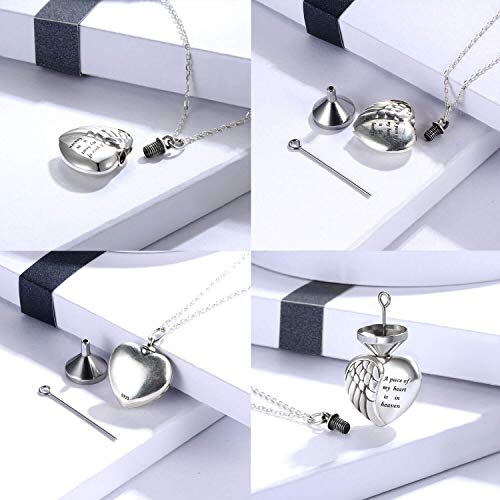 925 Sterling Silver Angel Wing Heart Urn Pendant Necklace For Ashes - A Piece Of My Heart Is In Heaven Memorial Keepsake Cremation Jewelry (Wing) #TOP2